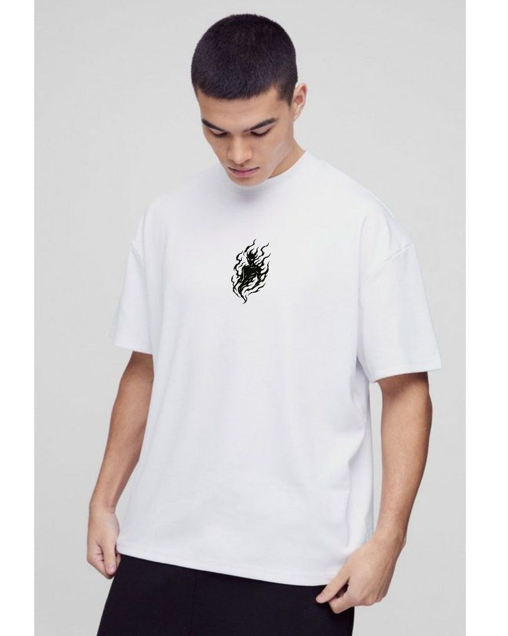 Minimalist White T-Shirt with Black Flame Print – Unisex Streetwear Oversized Tee