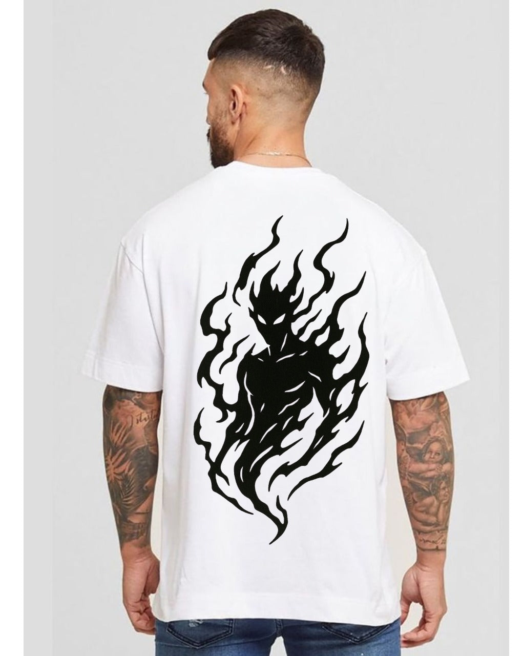 Minimalist White T-Shirt with Black Flame Print – Unisex Streetwear Oversized Tee